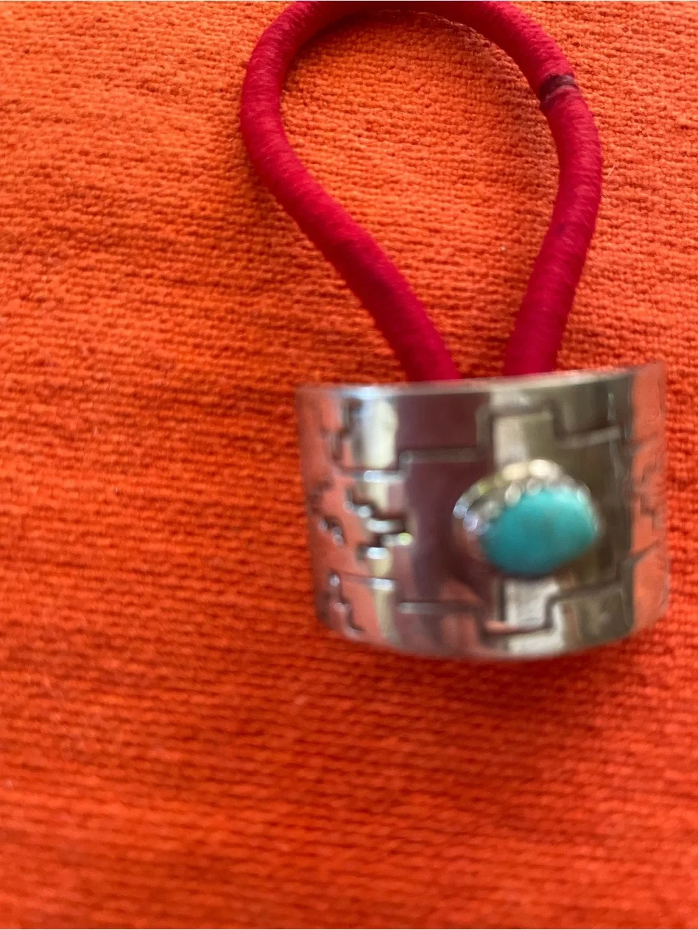 Silver Turquoise Hair Tie Ring with Red Band
